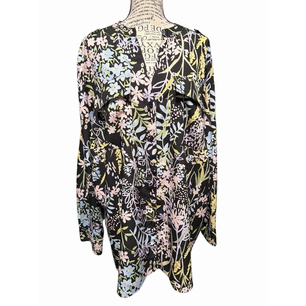 Calvin Klein Women’s  Black Floral Button Down Plus M Cottagecore Business